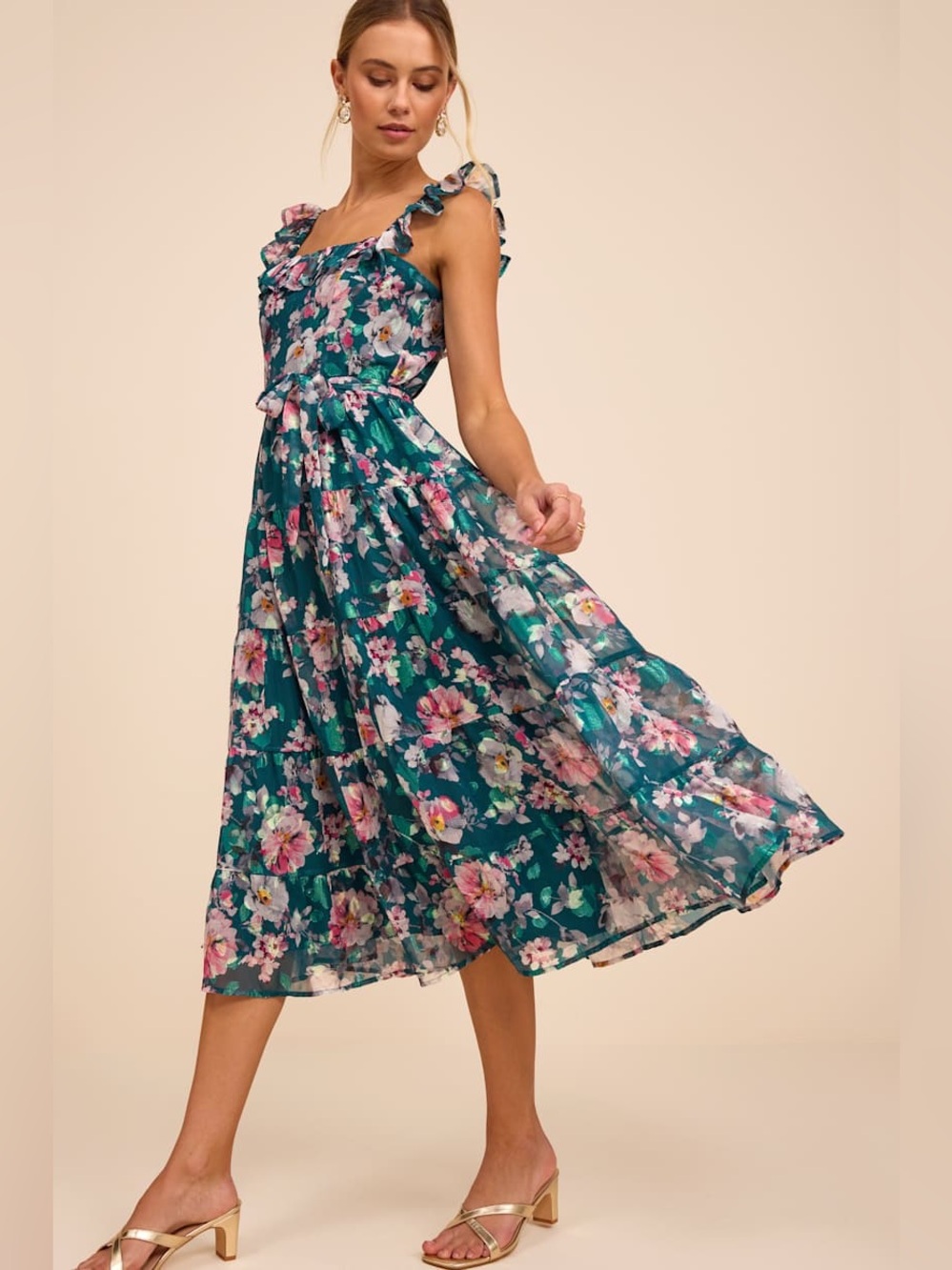 NWT Lulus Shela Teal Floral Jacquard Tiered Midi Dress Size XL - Picture 3 of 8